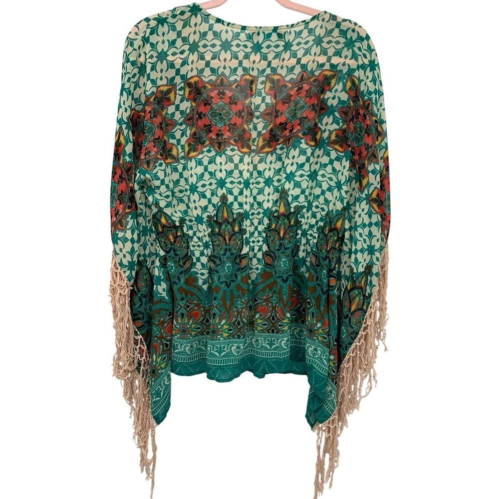 Flying Tomato Boho Fringe Poncho Top Large Festival Kimono - Picture 3 of 7